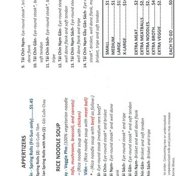 Le’s Pho Restaurant  - Takeout menu back - Vietnamese Near Me - Everett, Washington