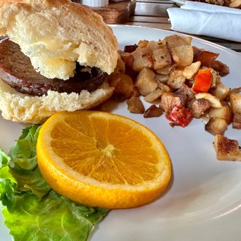 Apple Valley Cafe - Apple Valley Cafe huge fluffy homemade biscuit with sausage and diced breakfast potatoes - Cafes Near Me - Townsend, Tennessee
