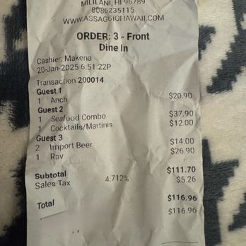 Assaggio - My dinner receipt. - Italian Near Me - Mililani, Hawaii Assaggio - My dinner receipt. - Italian Near Me - Mililani, Hawaii