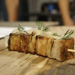 Conceptually Social Catering - Roast Pork Belly with Fried Apple Puree ~ cippolini onions with a Vietnamese caramel and shaved fennel; served yakitori style