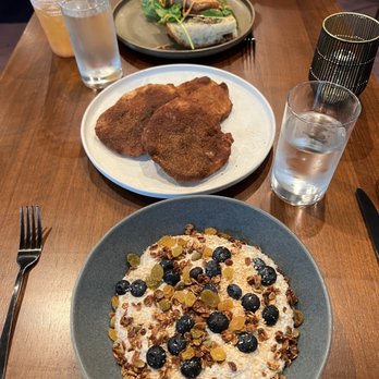 Okan - Pork belly sandwich, barra barra and chia pudding parfait. - African Near Me - Bluffton, South Carolina