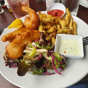 Dijon Seafood and Grill - Beer batter trio fish, shrimp, and scallops. Housemade tartar sauce and salad. - Seafood Near Me - Fort Bragg, California