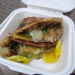 The Double Awesome - scallion pancake sandwich w/ two slow poached eggs, VT cheddar, local pesto $7 - 10/2012 The Double Awesome - scallion pancake sandwich w/ two slow poached eggs, VT cheddar, local pesto $7 - 10/2012