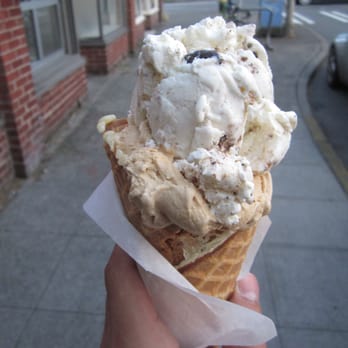 Molly Moon's Homemade Ice Cream - Double scoop of scout mint and salted caramel on a waffle cone - Ice Cream & Frozen Yogurt Near Me - Seattle, Washington
