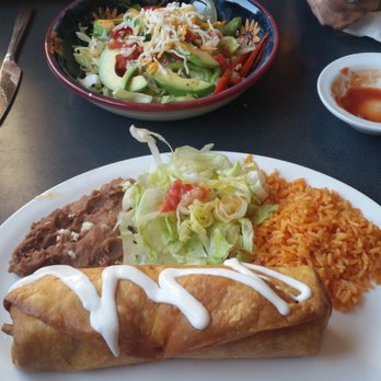 Mexico Lindo - Chorizo chimichanga and Acapulco salad. - Mexican Near Me - Whitby, Ontario