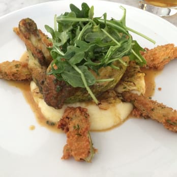 Marlowe - Poulet Vert, chicken fried okra, brown butter brussels sprouts, mashed potatoes, mustard jus, arugula - Diners Near Me - San Francisco, California Marlowe - Poulet Vert, chicken fried okra, brown butter brussels sprouts, mashed potatoes, mustard jus, arugula - Diners Near Me - San Francisco, California