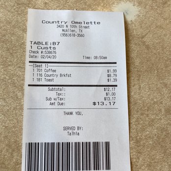 Country Omelette - Receipt for breakfast plus a cup of bottomless coffee - Burgers Near Me - Mcallen, Texas Country Omelette - Receipt for breakfast plus a cup of bottomless coffee - Burgers Near Me - Mcallen, Texas
