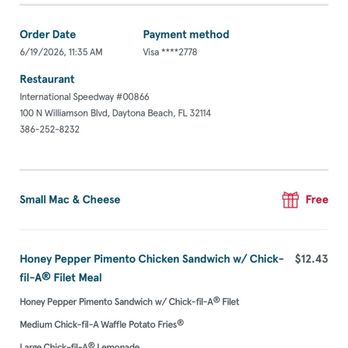 Chick-fil-A - Receipt of my uncooked chicken sandwich - Fast Food Near Me - Daytona Beach, Florida Chick-fil-A - Receipt of my uncooked chicken sandwich - Fast Food Near Me - Daytona Beach, Florida