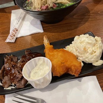 Tanaka Saimin - Tanaka Saimin includes Teriyaki Beef, Shrimp Tempura, and a scoop of Macaroni Salad - Japanese Near Me - Honolulu, Hawaii Tanaka Saimin - Tanaka Saimin includes Teriyaki Beef, Shrimp Tempura, and a scoop of Macaroni Salad - Japanese Near Me - Honolulu, Hawaii
