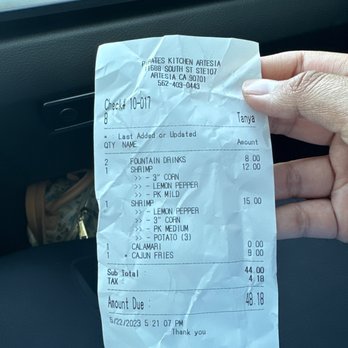 Pirates Kitchen - Receipt for our food! I forgot to take a photo because I dug right In! - Cajun/Creole Near Me - Artesia, California