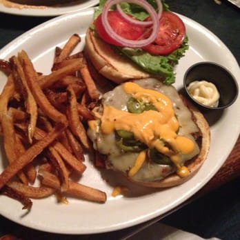 The Rookery - Jerry Reed burger- cooked med. With pepper jack, jalapeños and sriacha mayo. Served with hand cut fries. Perfect! - Bars Near Me - Macon, Georgia The Rookery - Jerry Reed burger- cooked med. With pepper jack, jalapeños and sriacha mayo. Served with hand cut fries. Perfect! - Bars Near Me - Macon, Georgia