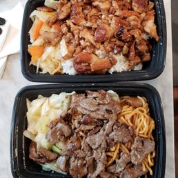 Beef with noodles and chicken with rice