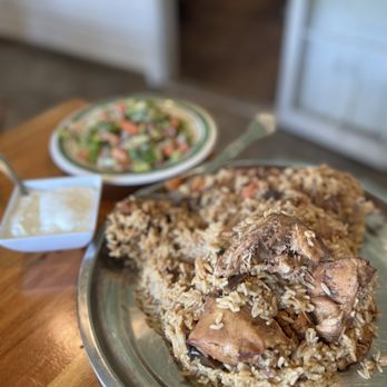 The Olive Bistro - Makluba with Chicken (~$40) with yogurt & salad - Middle Eastern Near Me - Little Falls Township, New Jersey