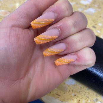 2Q Nail Spa + Eyelashes - Matte base with orange and glitter - Nail Salons Near Me - Montclair, California 2Q Nail Spa + Eyelashes - Matte base with orange and glitter - Nail Salons Near Me - Montclair, California