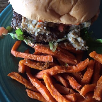 Hobbit Cafe - Boudin burger with sweet potato fries. I hate that this tastes so good!!! - Burgers Near Me - Houston, Texas Hobbit Cafe - Boudin burger with sweet potato fries. I hate that this tastes so good!!! - Burgers Near Me - Houston, Texas