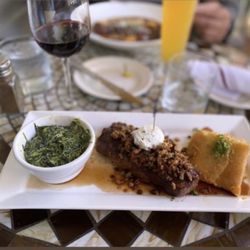 Moresi's Chophouse - Creamed spinach, scalloped potatoes, glass of Zinfandel.