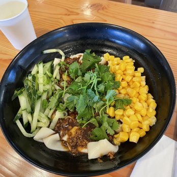 Social Eatery - Meat Paste with Biang Biang Noodles (including pork in meat paste, julienned cucumbers, corn, cilantro) - Bubble Tea Near Me - Millbrae, California