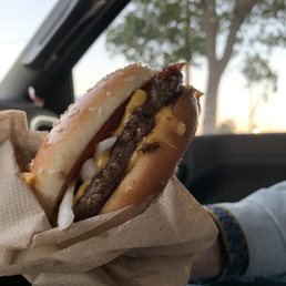 a person holding a hamburger in their hand