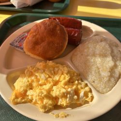 Pierce's Country Cooking - Grits, scrambled eggs with cheese, sausage and biscuits.