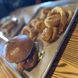 Nashville Hot Chicken Sandwich with Onion Rings