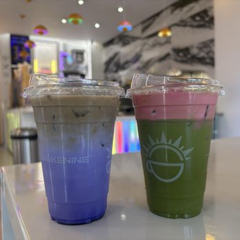 Awakening - Left: dirty cloud lavender haze latte Right: hibiscus cloud matcha latte - Coffee & Tea Near Me - Inglewood, California Awakening - Left: dirty cloud lavender haze latte Right: hibiscus cloud matcha latte - Coffee & Tea Near Me - Inglewood, California