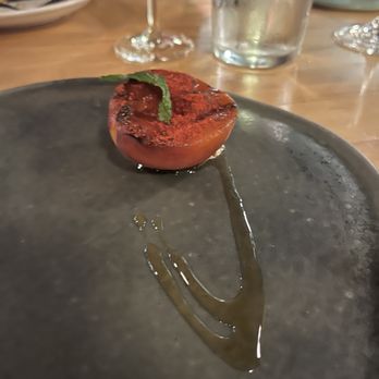 Machete - Charred peach with burrata foam. It was sweet, smoky and creamy, perfect combination. - New American Near Me - Greensboro, North Carolina