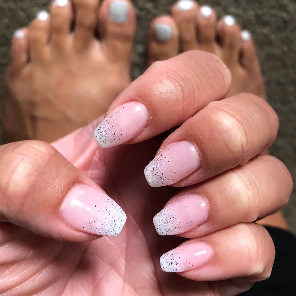 Destiny Nails - (2 days old) Coffin shape ombré with white sparkles gel manicure. I asked for as short as possible while still doing coffin - Nail Salons Near Me - Henderson, Nevada