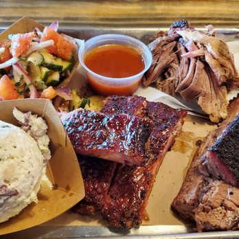 Stiles Switch BBQ & Brew - 3 meat plate. - Barbeque Near Me - Cedar Park, Texas Stiles Switch BBQ & Brew - 3 meat plate. - Barbeque Near Me - Cedar Park, Texas