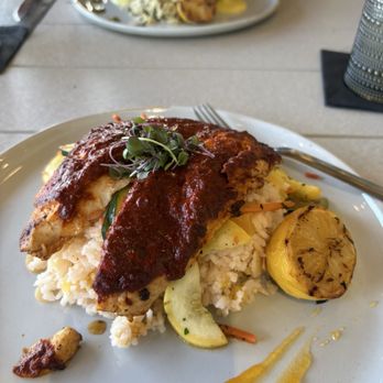 Bimini Basin - Tripletail with chili sauce glaze over mango rice and mixed vegetables - Seafood Near Me - Cape Coral, Florida Bimini Basin - Tripletail with chili sauce glaze over mango rice and mixed vegetables - Seafood Near Me - Cape Coral, Florida