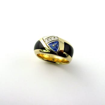 Deep River Jewelry Design - Men's yellow gold sapphire, diamond and black jade ring. - Jewelry Near Me - Deep River, Connecticut Deep River Jewelry Design - Men's yellow gold sapphire, diamond and black jade ring. - Jewelry Near Me - Deep River, Connecticut