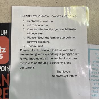 Schlotzsky's - They want customers to leave a feedback on their service. - Delis Near Me - Harker Heights, Texas