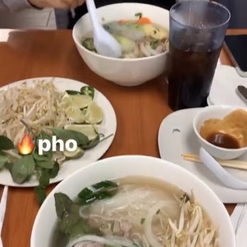 Pho 772 - Garden speingrolls made with vermicelli noodles, lettuce, thai basil, pork and shrimp. Served with a decadent peanut sauce - A woman is seated at a table with bowls of pho, a glass of soda, and side dishes, enjoying a Vietnamese meal. - Vietnamese Near Me - Jensen Beach, Florida
