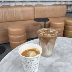 Progeny Coffee - Flat White with oat milk, iced latte with banana syrup