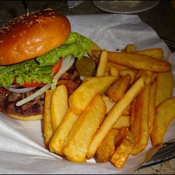 Cavalier Coastal Kitchen - "Hearst Ranch Burger," along with an order of fries.  Such a great burger and fry dinner! - American Near Me - San Simeon, California