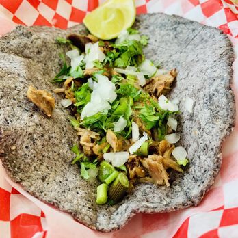 Xocome Antojeria - Carnitas taco with blue masa - Mexican Near Me - Chicago, Illinois Xocome Antojeria - Carnitas taco with blue masa - Mexican Near Me - Chicago, Illinois