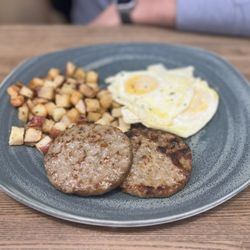 EGGS ANY STYLE  Two Eggs Pork Sausage Patty and Buttermilk Pancakes