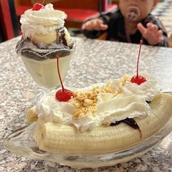 Minnesoda Fountain - Hot fudge sundae with malt powder (back) and hot fudge split (front)
