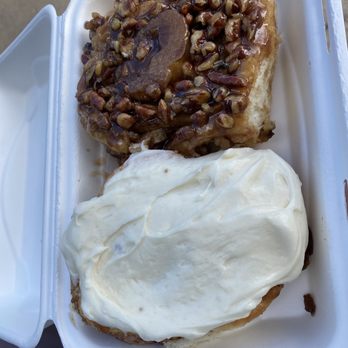 Cinnamon's Bakery - Classic Cinnamon Roll with medium icing and the Pecan Sticky Bun - Bakeries Near Me - Estes Park, Colorado Cinnamon's Bakery - Classic Cinnamon Roll with medium icing and the Pecan Sticky Bun - Bakeries Near Me - Estes Park, Colorado