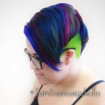 Jamie at Wildflower Salon - Got real bold one time with the lime green but I loved the deeper peacock colors we got. - Hair Stylists Near Me - Flagstaff, Arizona Jamie at Wildflower Salon - Got real bold one time with the lime green but I loved the deeper peacock colors we got. - Hair Stylists Near Me - Flagstaff, Arizona