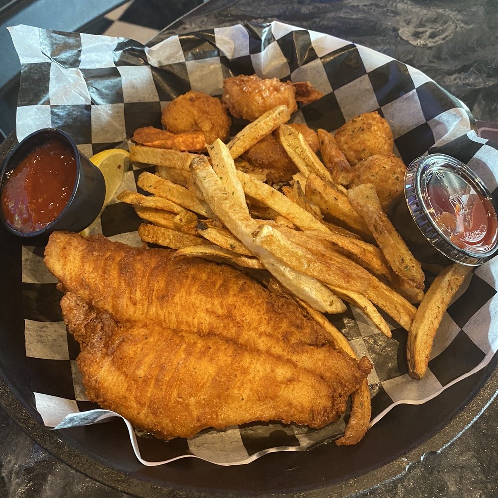 Atomic Seafood & Bar - Seafood plater with flounder, shrimp, crab balls and fries (you can pick your fish) - Seafood Near Me - Lusby, Maryland