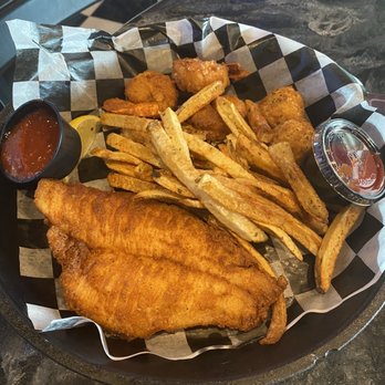 Atomic Seafood & Bar - Seafood plater with flounder, shrimp, crab balls and fries (you can pick your fish) - Seafood Near Me - Lusby, Maryland