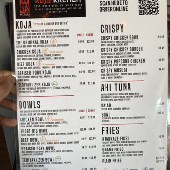 KoJa Kitchen - Menu side 1 - Asian Fusion Near Me - Dublin, California