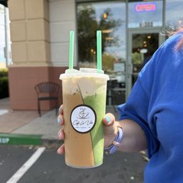 Half and half Vietnamese coffee and banana matcha Half and half Vietnamese coffee and banana matcha