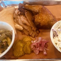 Sliced brisket, leg quarter, green beans & coleslaw Sliced brisket, leg quarter, green beans & coleslaw