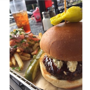 Hops Burger Bar - "The Hawaiian" w/ a side of nacho fries - Burgers Near Me - Greensboro, North Carolina Hops Burger Bar - "The Hawaiian" w/ a side of nacho fries - Burgers Near Me - Greensboro, North Carolina