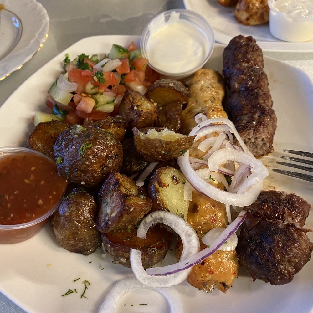 Mirage Mediterranean - Russian potatoes with salad and Lyulya Kebab - Mediterranean Near Me - Cincinnati, Ohio