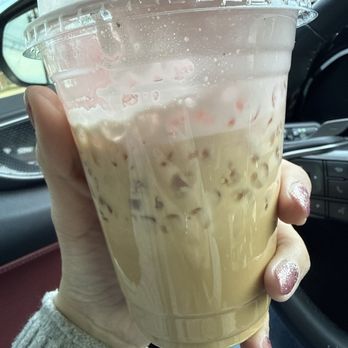 Mojos Coffee - Banana foster with strawberry sweet cold foam - Coffee & Tea Near Me - Riverside, California