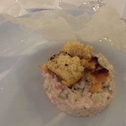 Pondicherry - Green Lobster Prawns Parfait with Chickpea Dhokla and a rice flour papadum.  @ Pondicherry.