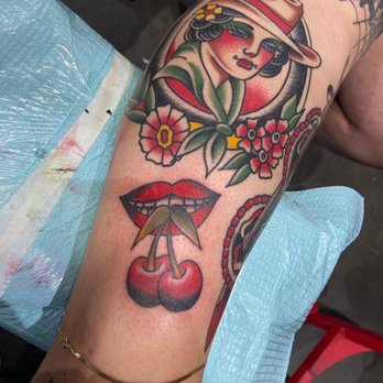 Port Side Tattoo - Cowgirl by Tim Howell and Cherries by Jake Emery - Tattoo Near Me - San Diego, California Port Side Tattoo - Cowgirl by Tim Howell and Cherries by Jake Emery - Tattoo Near Me - San Diego, California