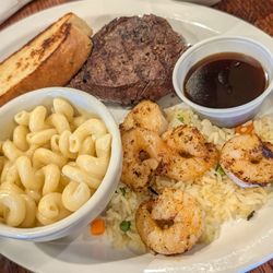 8oz Sirloin Steak & Shrimp Combo w/ Mac & Cheese, Rice, & a Toast
